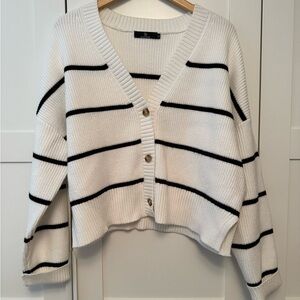 Striped V-Neck Cardigan Sweater - White & Black, XL